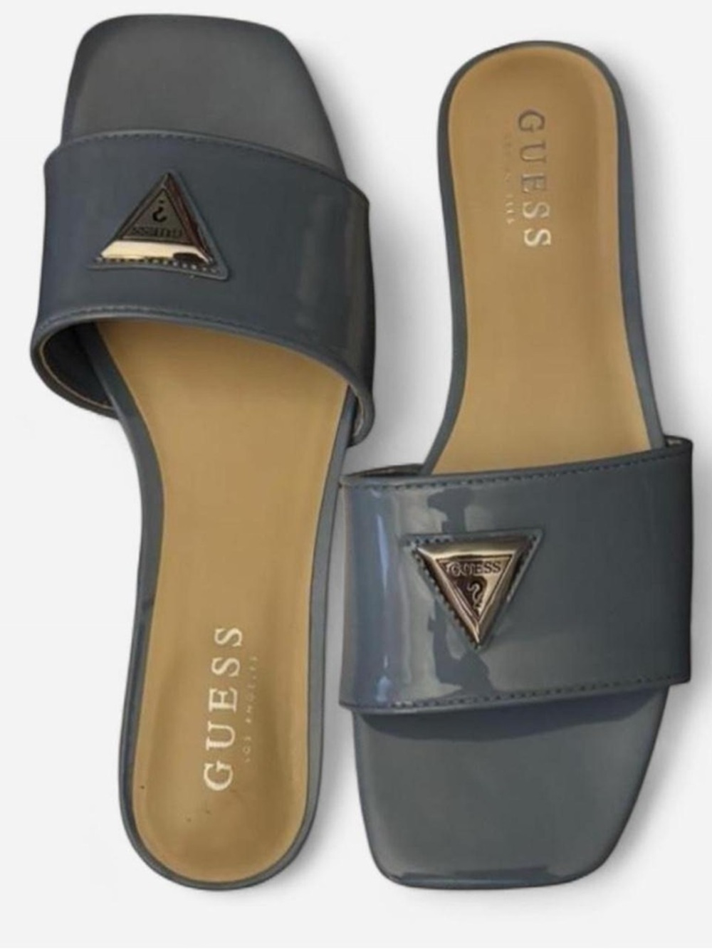 GUESS Gray Patent Slide Sandals with Triangle Logo